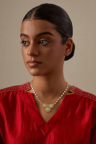 Gold Plated Kundan Polki & Pearl Choker Necklace by KIVAAKSHH