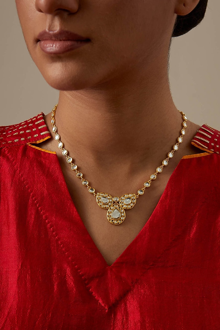 Gold Plated Kundan Polki & Pearl Choker Necklace by KIVAAKSHH at Pernia's Pop Up Shop