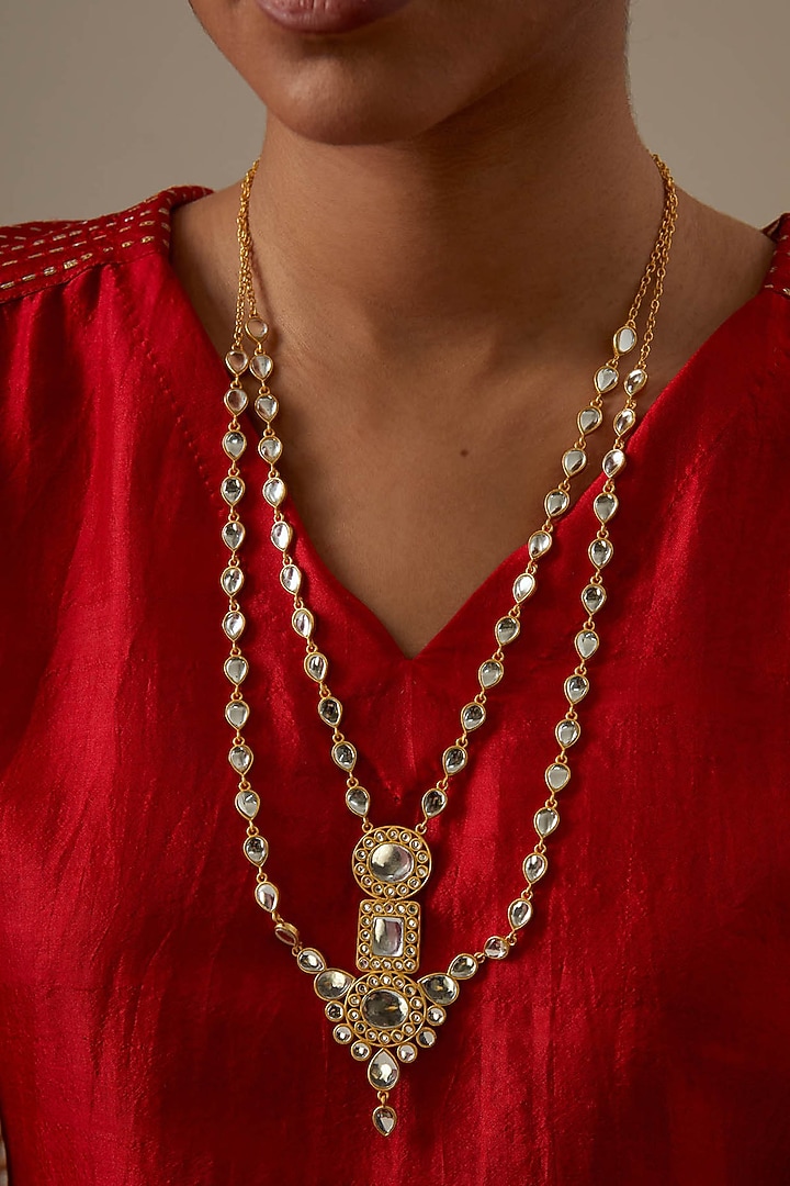 Gold Plated Kundan Polki & Pearl Long Necklace by KIVAAKSHH at Pernia's Pop Up Shop