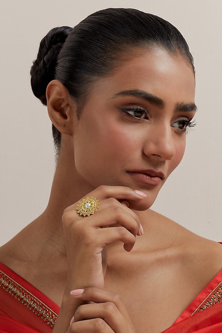 Gold Plated Pearl & Stone Enamelled Ring by KIVAAKSHH