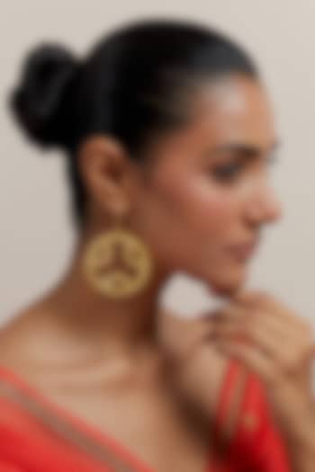 Gold Plated Pearl & Zircon Enamelled Dangler Earrings by KIVAAKSHH