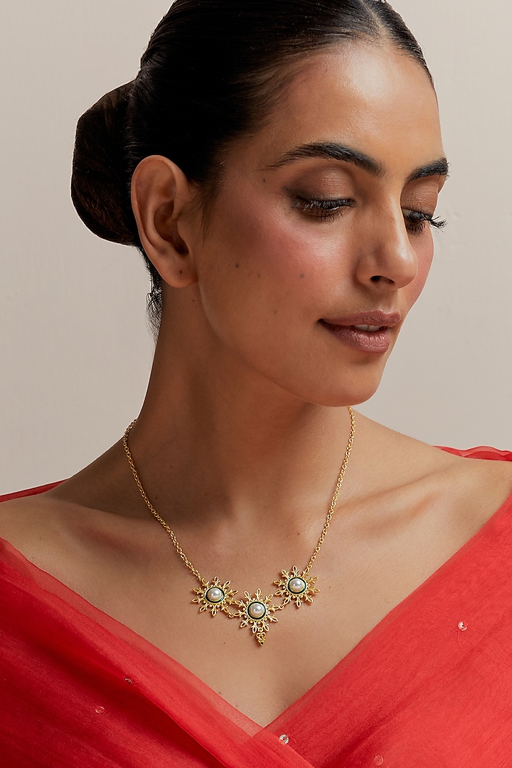 Gold Plated Pearl & Stone Enamelled Necklace by KIVAAKSHH