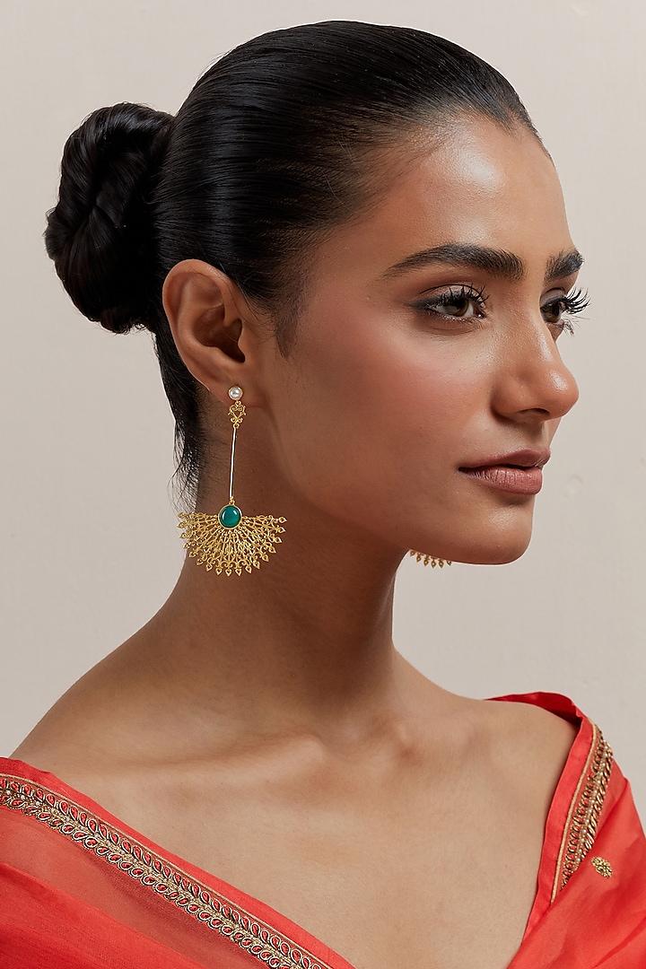 Gold Plated Pearl & Synthetic Emerald Stone Enamelled Dangler Earrings by KIVAAKSHH