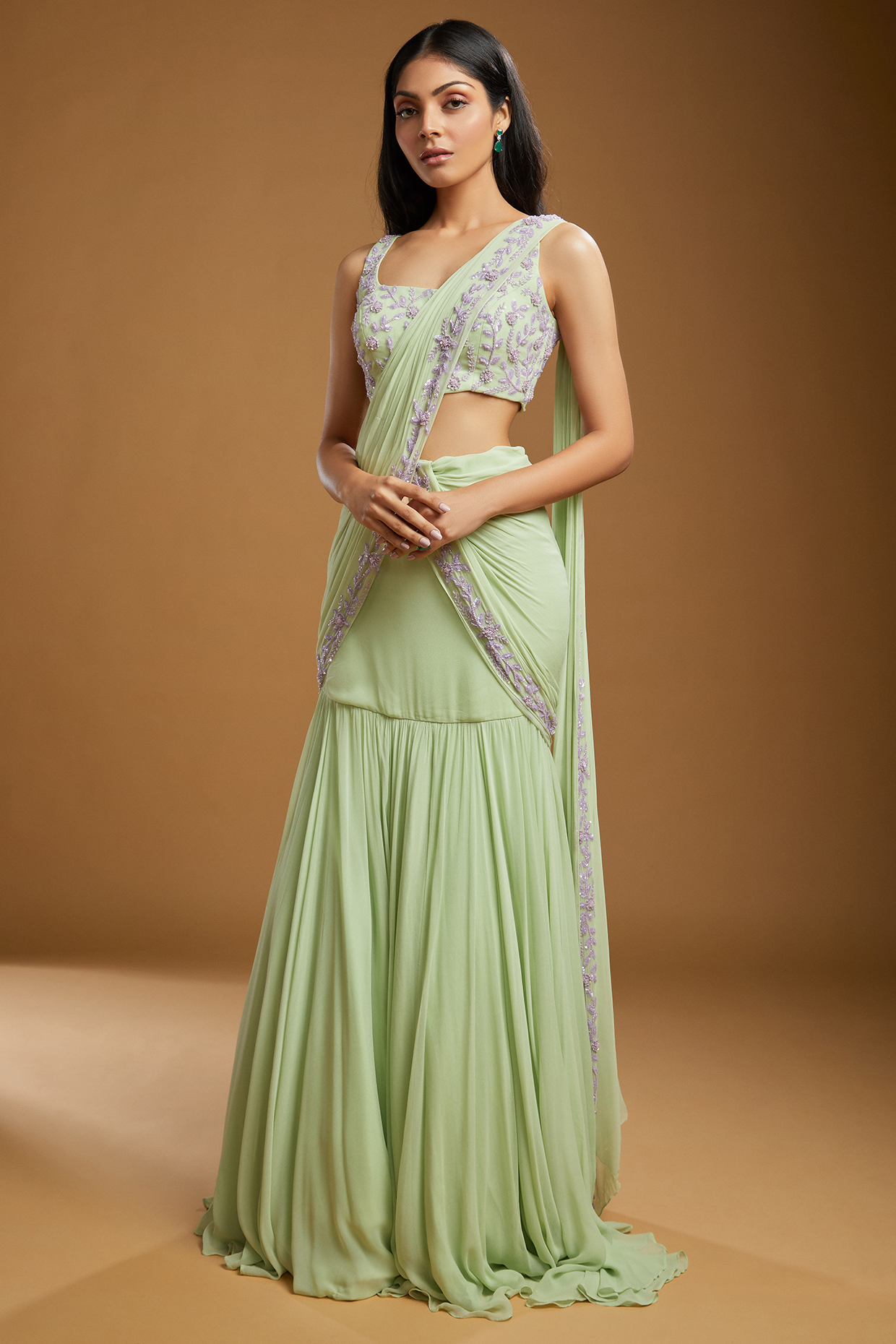 Green Georgette Sequins Embellished Pre-Draped Wedding Saree Set by KIYOHRA at Pernia's Pop Up Shop
