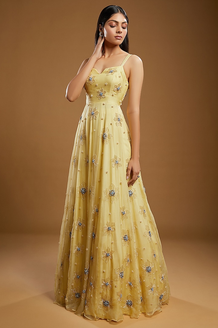 Yellow Silk Organza Floral Stone Embroidered Gown by KIYOHRA at Pernia's Pop Up Shop