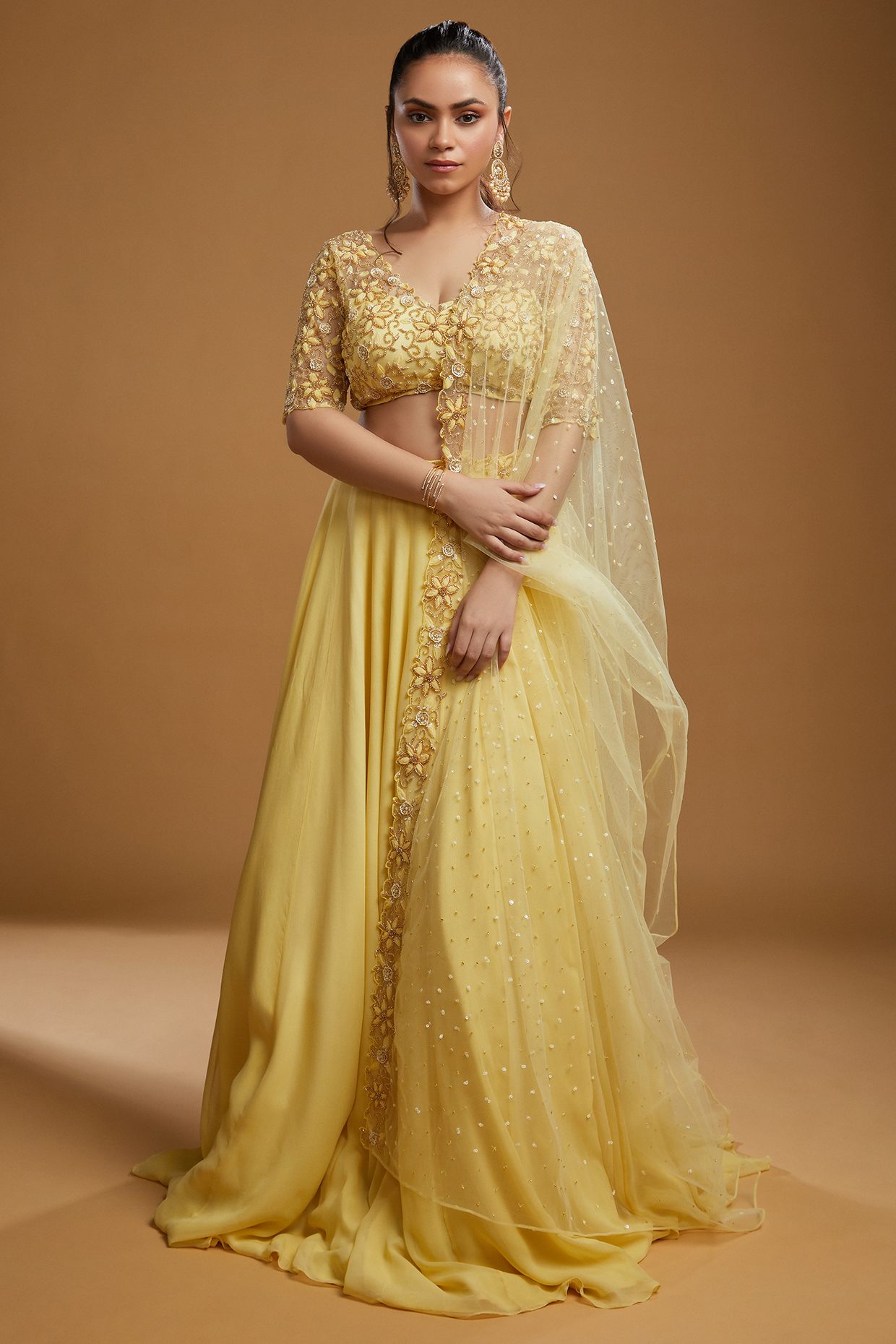 Yellow Net & Georgette Flowy Wedding Lehenga Set by KIYOHRA at Pernia's Pop Up Shop