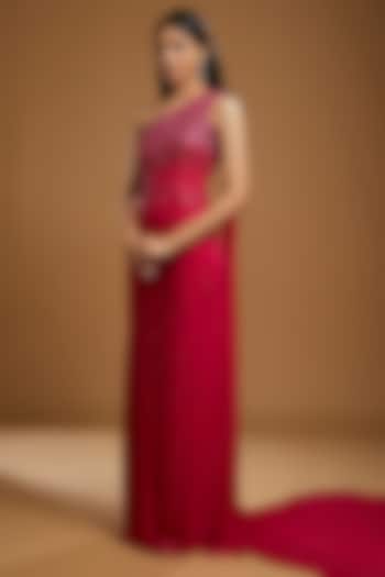 Fuchsia Pink Georgette Glass Beads Embroidered One-Shoulder Engagement Gown by KIYOHRA at Pernia's Pop Up Shop