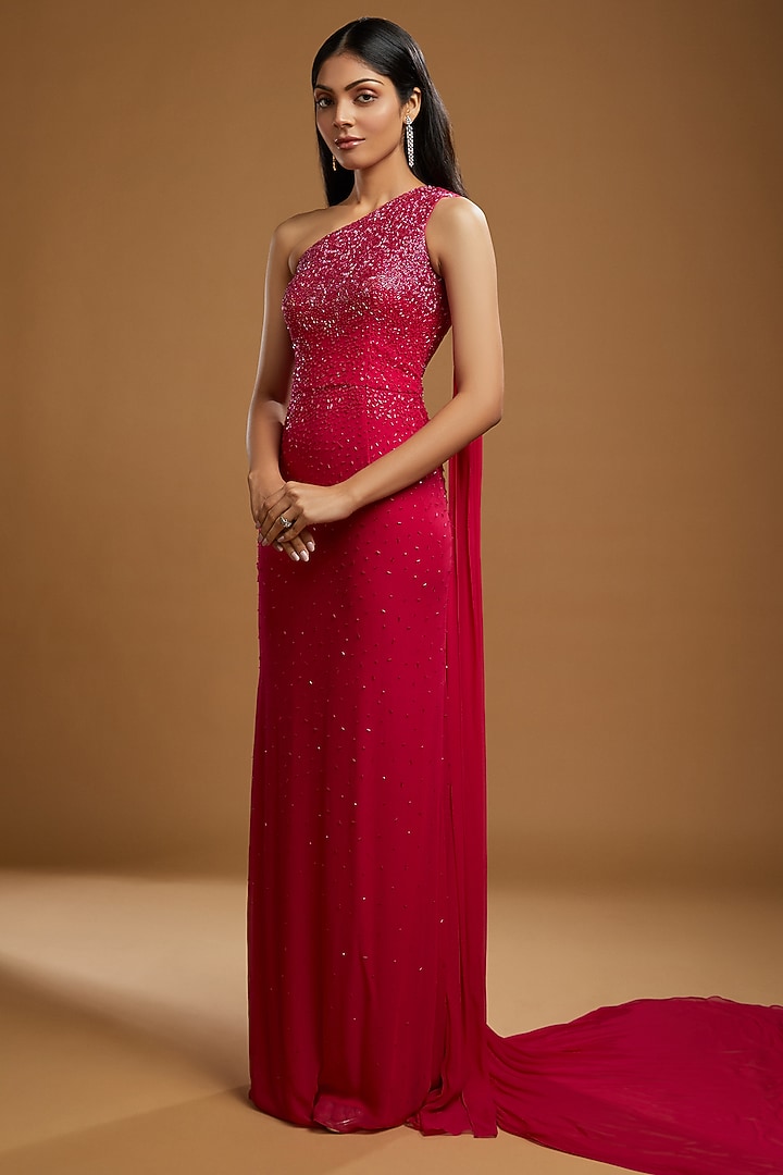 Fuchsia Pink Georgette Glass Beads Embroidered One-Shoulder Engagement Gown by KIYOHRA at Pernia's Pop Up Shop