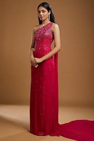 Fuchsia Pink Georgette Glass Beads Embroidered One-Shoulder Gown by KIYOHRA