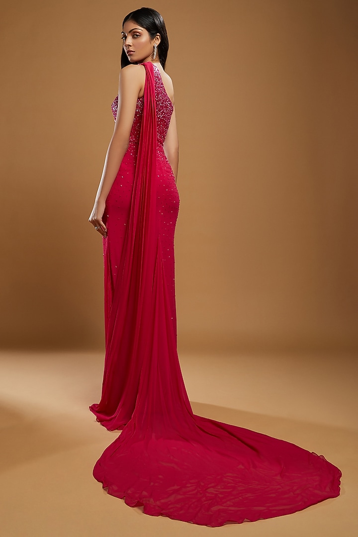 Fuchsia Pink Georgette Glass Beads Embroidered One-Shoulder Engagement Gown by KIYOHRA at Pernia's Pop Up Shop
