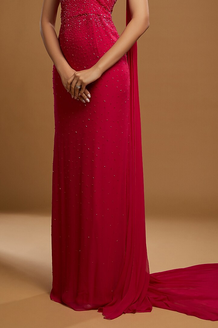 Fuchsia Pink Georgette Glass Beads Embroidered One-Shoulder Engagement Gown by KIYOHRA at Pernia's Pop Up Shop