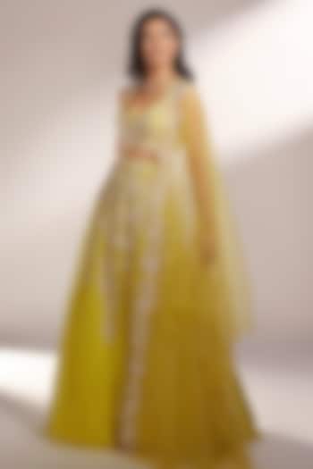 Lime Yellow Net Glass Beads Embellished Lehenga Set by KIYOHRA