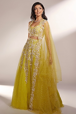 Lime Yellow Net Glass Beads Embellished Lehenga Set by KIYOHRA
