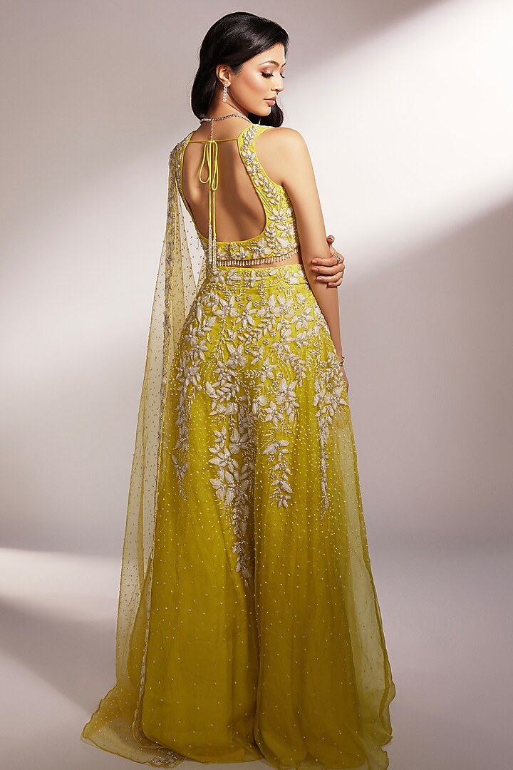 Lime Yellow Net Glass Beads Embellished Wedding Lehenga Set by KIYOHRA at Pernia's Pop Up Shop