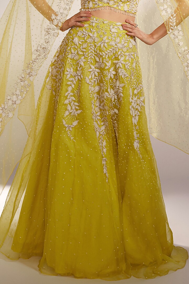 Lime Yellow Net Glass Beads Embellished Wedding Lehenga Set by KIYOHRA at Pernia's Pop Up Shop