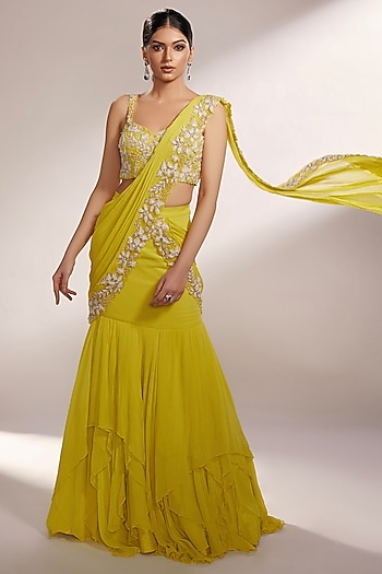 Lime Yellow Georgette Glass Beads Embellished Pre-Draped Lehenga Reception Saree Set by KIYOHRA at Pernia's Pop Up Shop