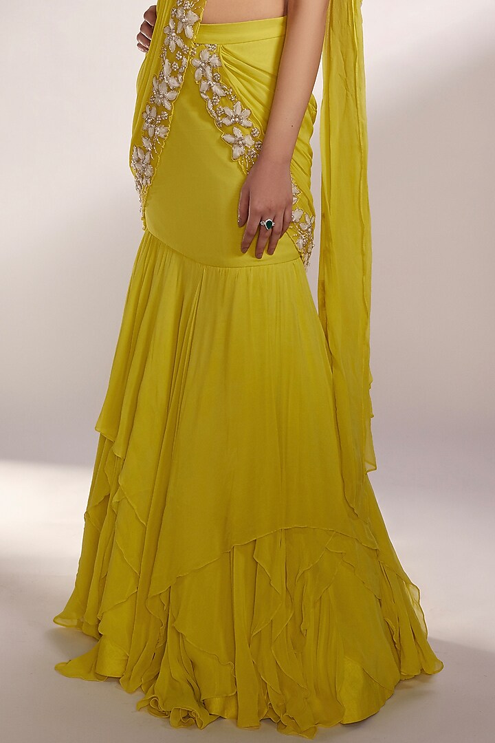 Lime Yellow Georgette Glass Beads Embellished Pre-Draped Lehenga Saree Set  Design by KIYOHRA at Pernia's Pop Up Shop 2024