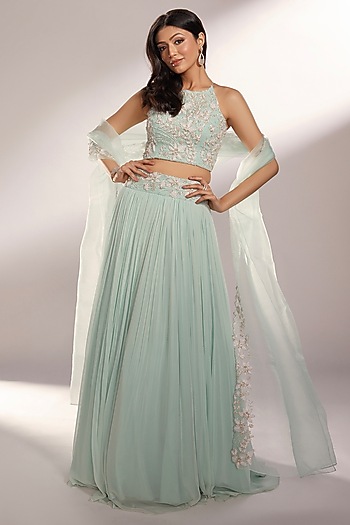 Light Aqua Green Organza & Georgette Wedding Lehenga Set by KIYOHRA at Pernia's Pop Up Shop