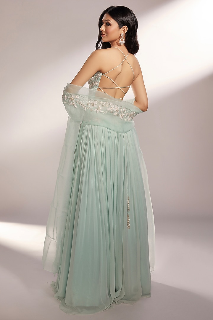 Light Aqua Green Organza & Georgette Wedding Lehenga Set by KIYOHRA at Pernia's Pop Up Shop