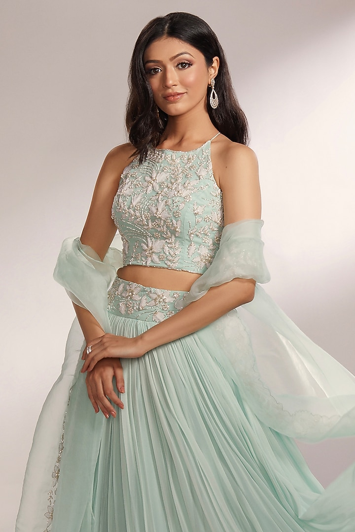 Light Aqua Green Organza & Georgette Wedding Lehenga Set by KIYOHRA at Pernia's Pop Up Shop