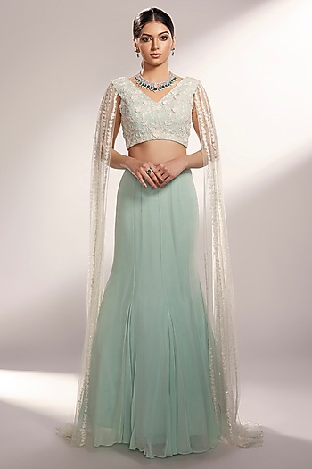 Light Aqua Green Net & Georgette Fish-Tail Wedding Lehenga Set by KIYOHRA at Pernia's Pop Up Shop