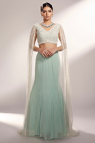 Light Aqua Green Net & Georgette Fish-Tail Lehenga Set by KIYOHRA
