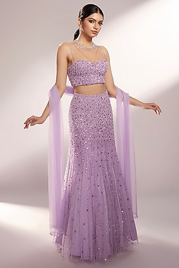 Lilac Net Glass Beads Embellished Fish-Tail Wedding Lehenga Set by KIYOHRA at Pernia's Pop Up Shop