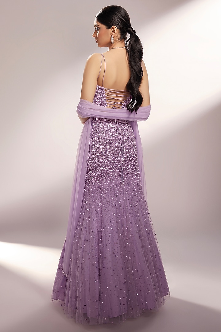 Lilac Net Glass Beads Embellished Fish-Tail Wedding Lehenga Set by KIYOHRA at Pernia's Pop Up Shop