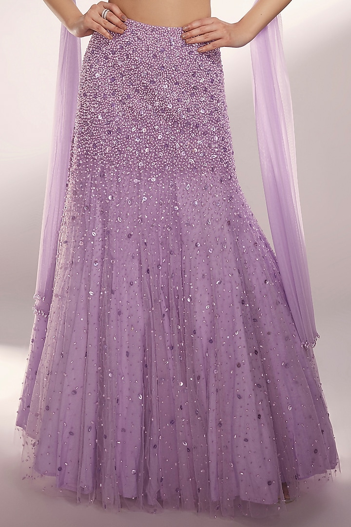 Lilac Net Glass Beads Embellished Fish-Tail Wedding Lehenga Set by KIYOHRA at Pernia's Pop Up Shop