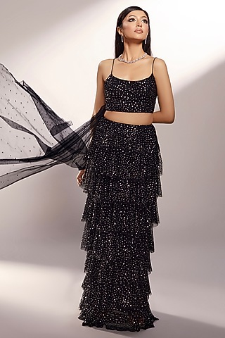 Black Net Sequins Embroidered Ruffled Layered Lehenga Set by KIYOHRA