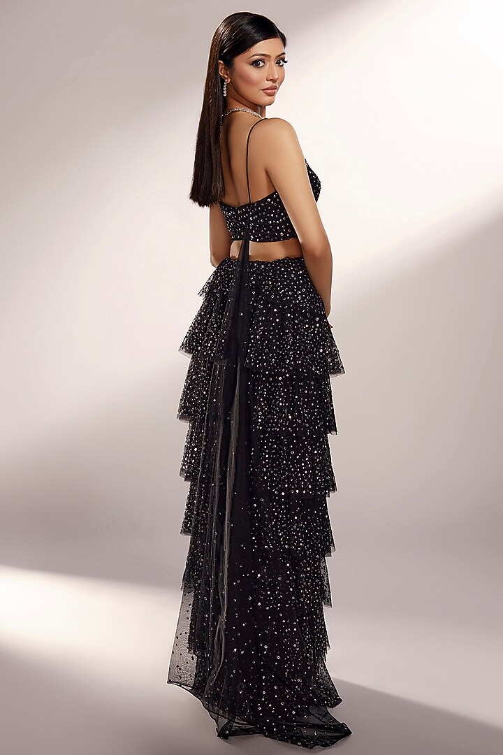 Black Net Sequins Embroidered Ruffled Layered Wedding Lehenga Set by KIYOHRA at Pernia's Pop Up Shop