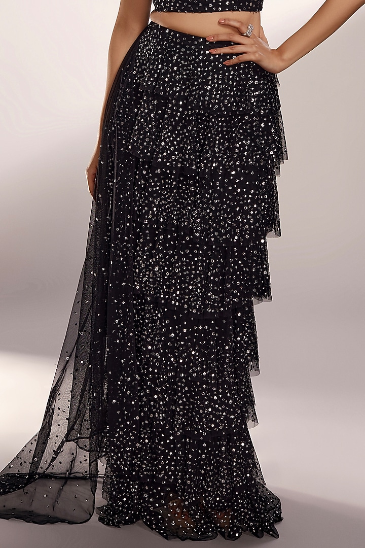 Black Net Sequins Embroidered Ruffled Layered Wedding Lehenga Set by KIYOHRA at Pernia's Pop Up Shop