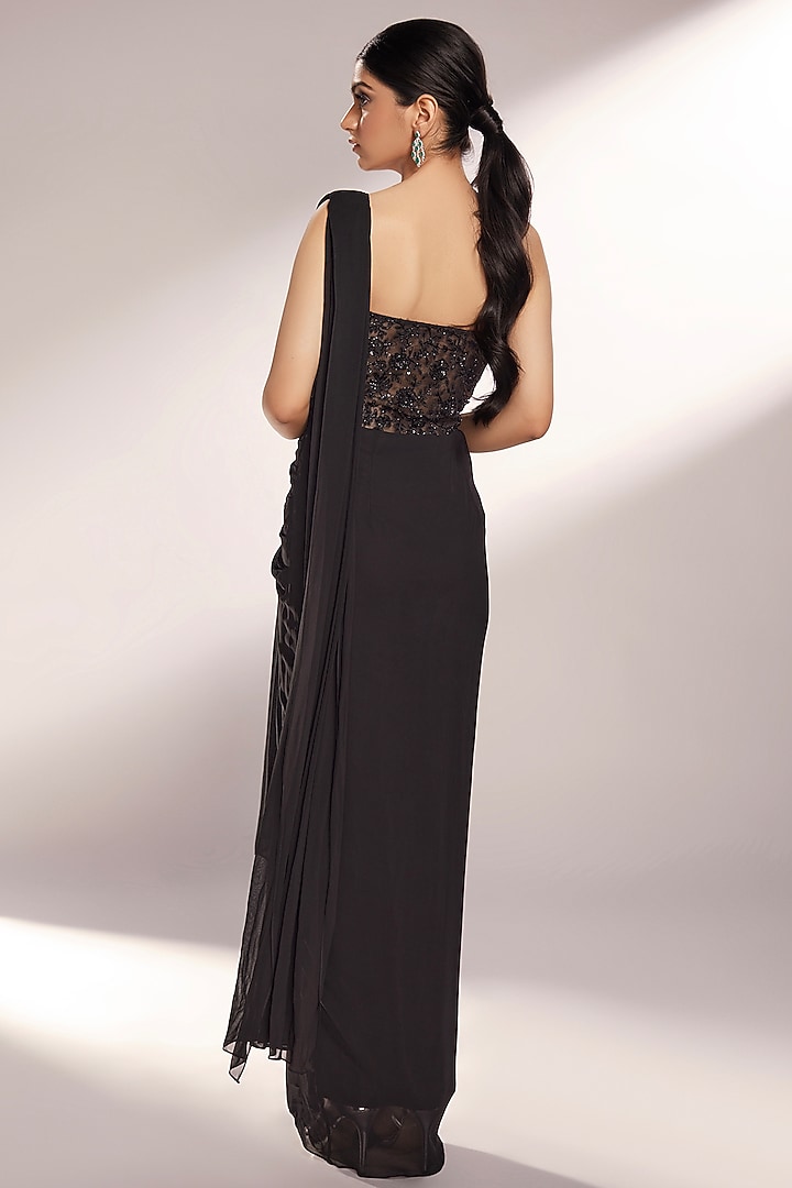Black Net & Georgette 3D Floral Embroidered Wedding Gown Saree by KIYOHRA at Pernia's Pop Up Shop