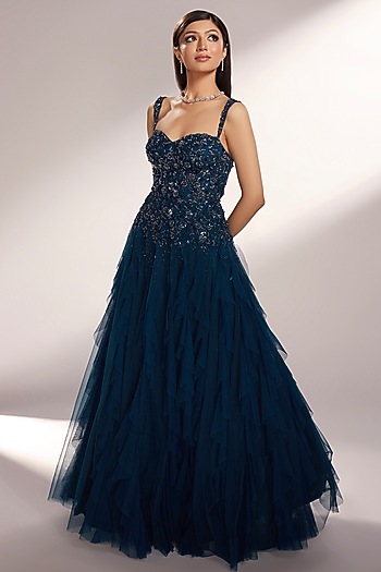 Deep Teal Net Sequins Embroidered Ruffled Wedding Gown by KIYOHRA at Pernia's Pop Up Shop