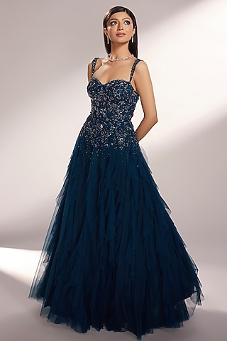 Deep Teal Net Sequins Embroidered Ruffled Gown by KIYOHRA
