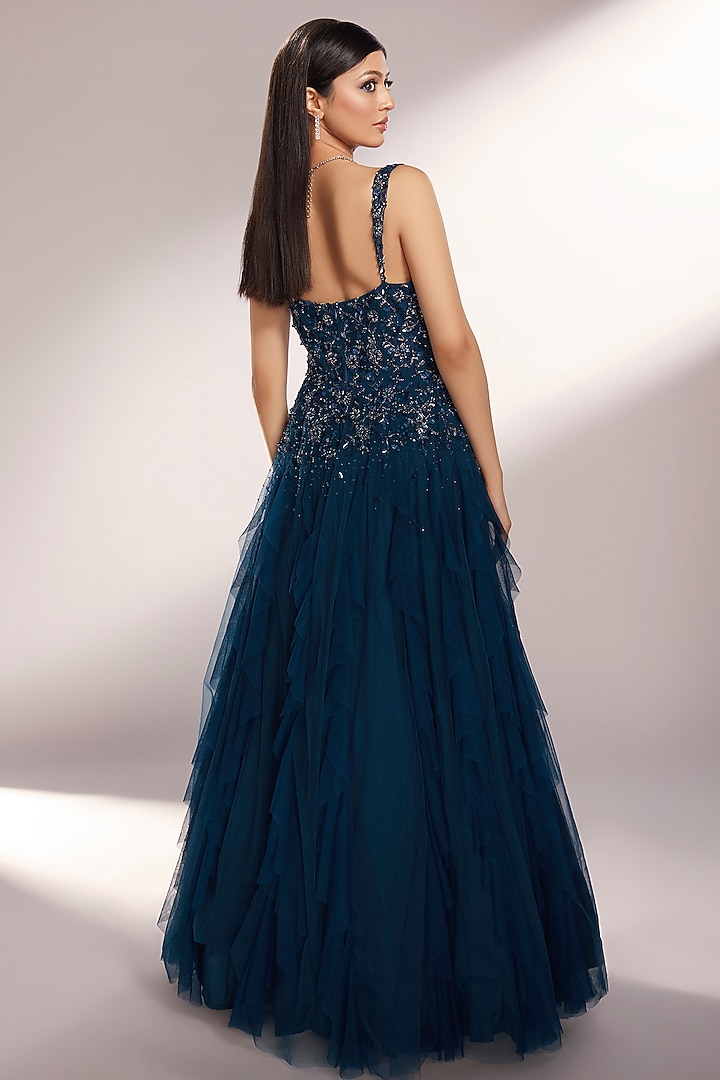 Deep Teal Net Sequins Embroidered Ruffled Wedding Gown by KIYOHRA at Pernia's Pop Up Shop