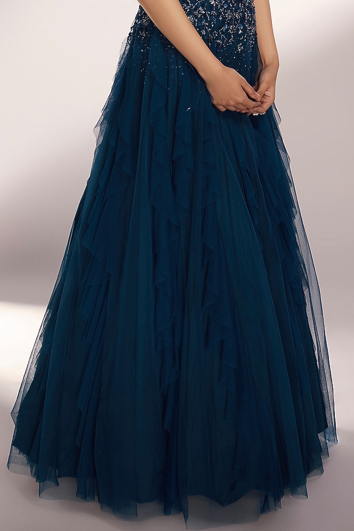 Deep Teal Net Sequins Embroidered Ruffled Wedding Gown by KIYOHRA at Pernia's Pop Up Shop