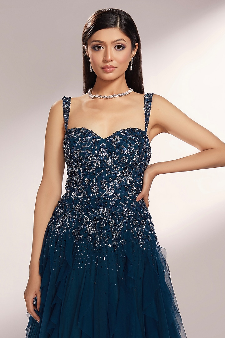 Deep Teal Net Sequins Embroidered Ruffled Wedding Gown by KIYOHRA at Pernia's Pop Up Shop