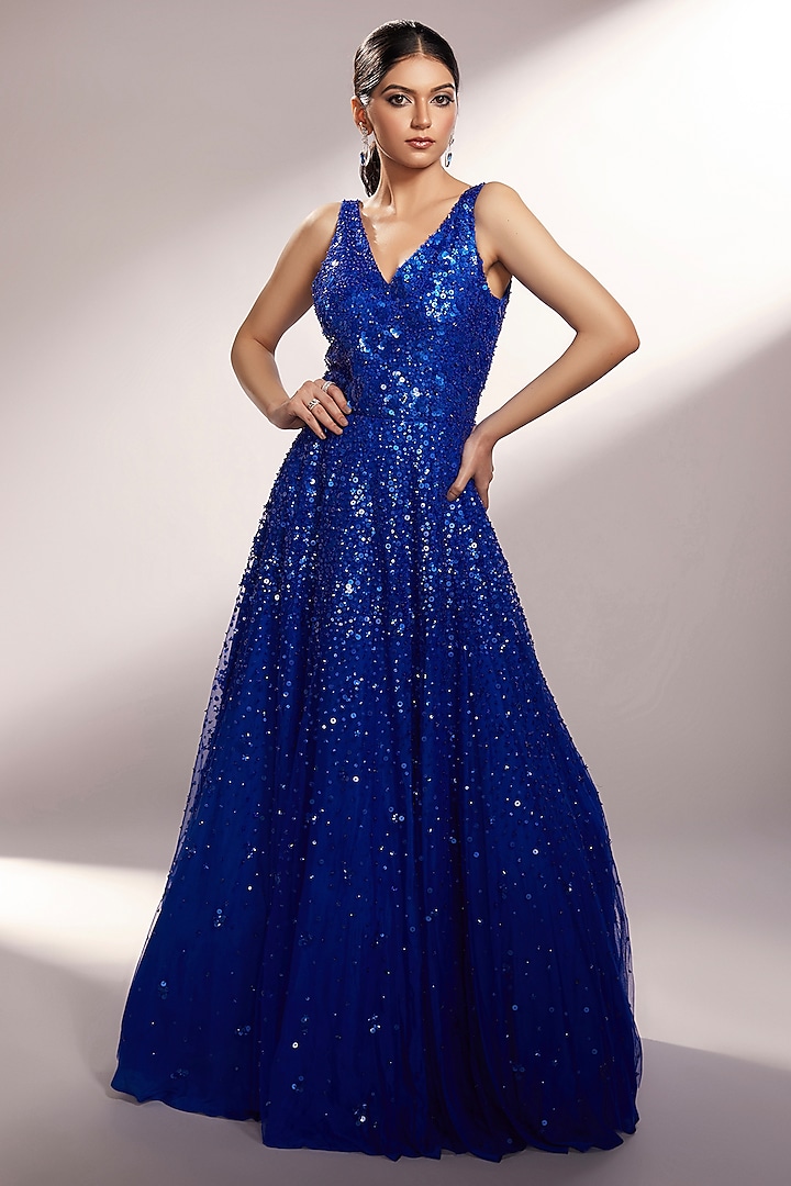 Royal Blue Net Sequins Embellished Gown by KIYOHRA