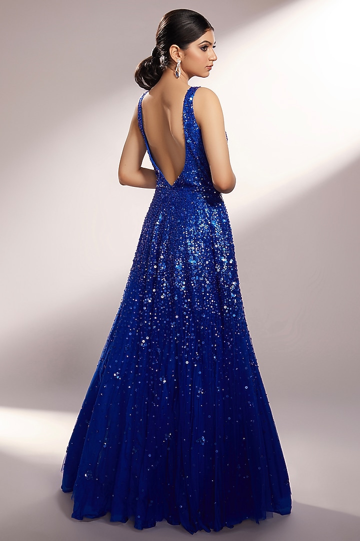 Royal Blue Net Sequins Embellished Wedding Gown by KIYOHRA at Pernia's Pop Up Shop