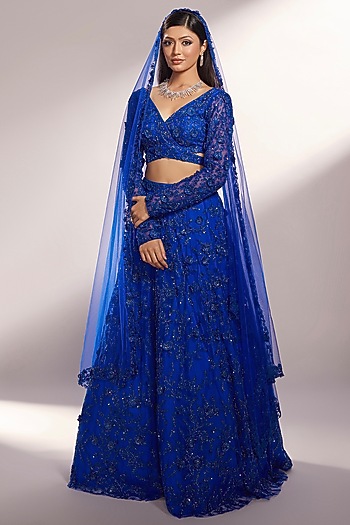 Royal Blue Net Glass Beads Embroidered Bridal Lehenga Set by KIYOHRA at Pernia's Pop Up Shop