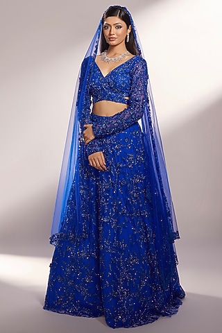 Royal Blue Net Glass Beads Embroidered Lehenga Set by KIYOHRA