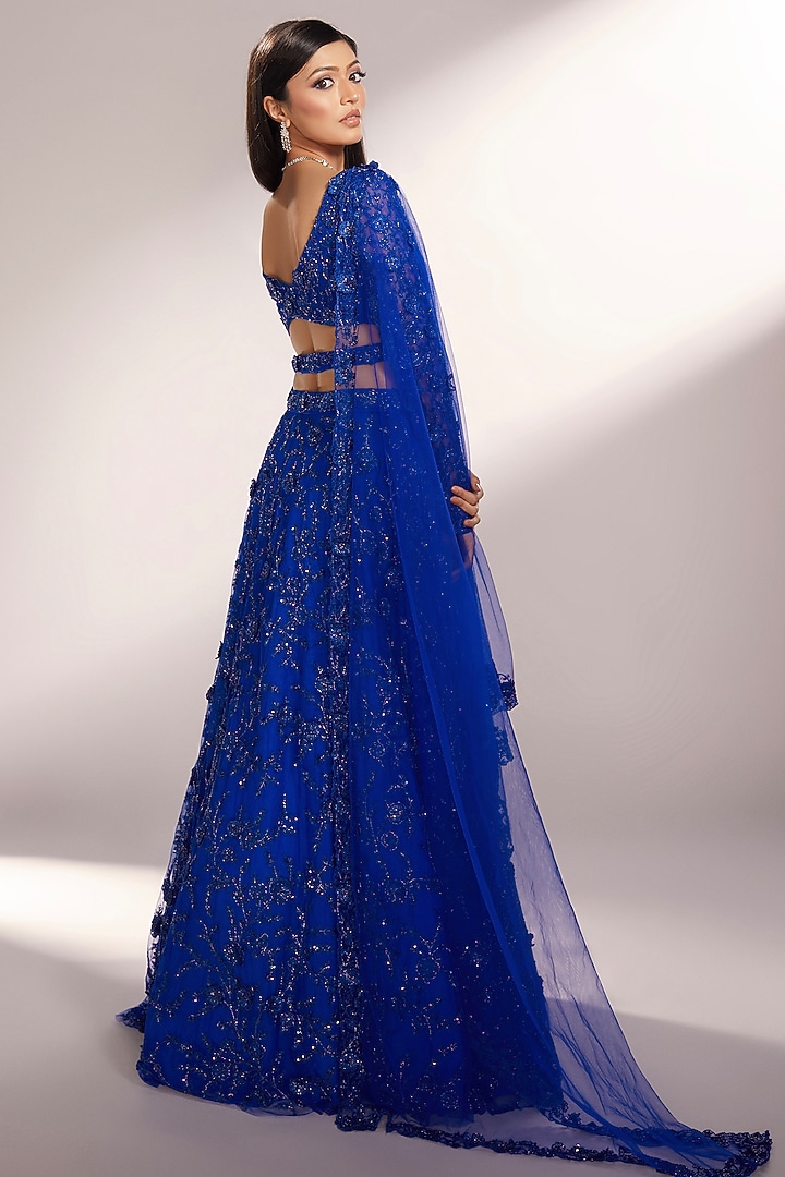 Royal Blue Net Glass Beads Embroidered Bridal Lehenga Set by KIYOHRA at Pernia's Pop Up Shop