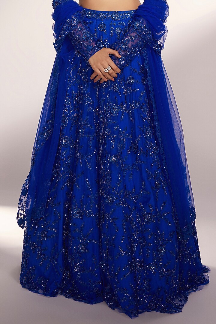Royal Blue Net Glass Beads Embroidered Bridal Lehenga Set by KIYOHRA at Pernia's Pop Up Shop
