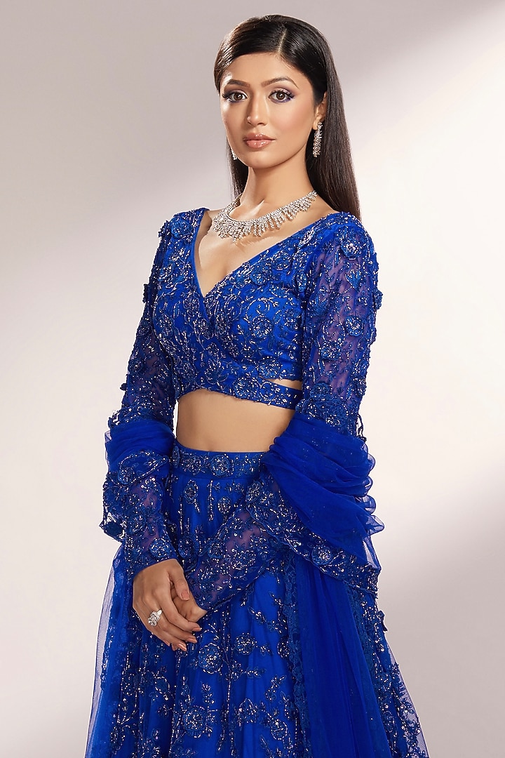 Royal Blue Net Glass Beads Embroidered Bridal Lehenga Set by KIYOHRA at Pernia's Pop Up Shop