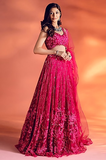 Magenta Pink Net Floral Embroidered Bridal Lehenga Set by KIYOHRA at Pernia's Pop Up Shop