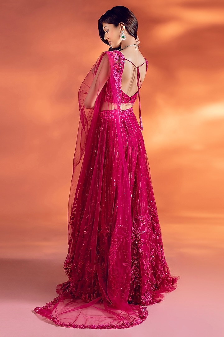 Magenta Pink Net Floral Embroidered Bridal Lehenga Set by KIYOHRA at Pernia's Pop Up Shop