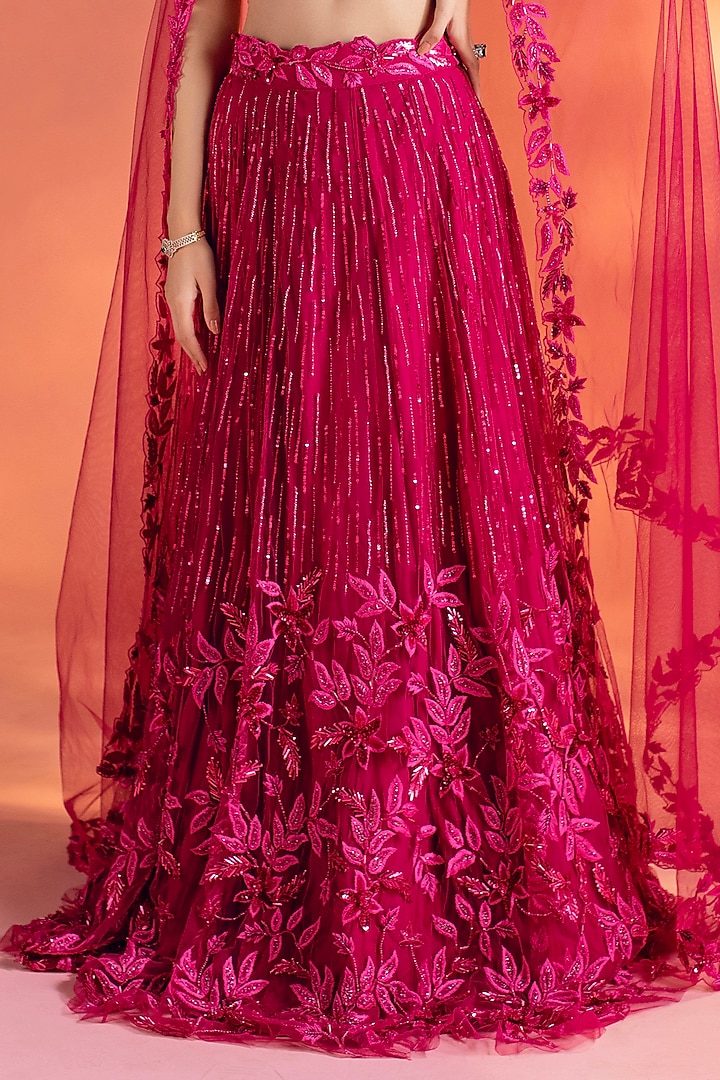 Magenta Pink Net Floral Embroidered Bridal Lehenga Set by KIYOHRA at Pernia's Pop Up Shop