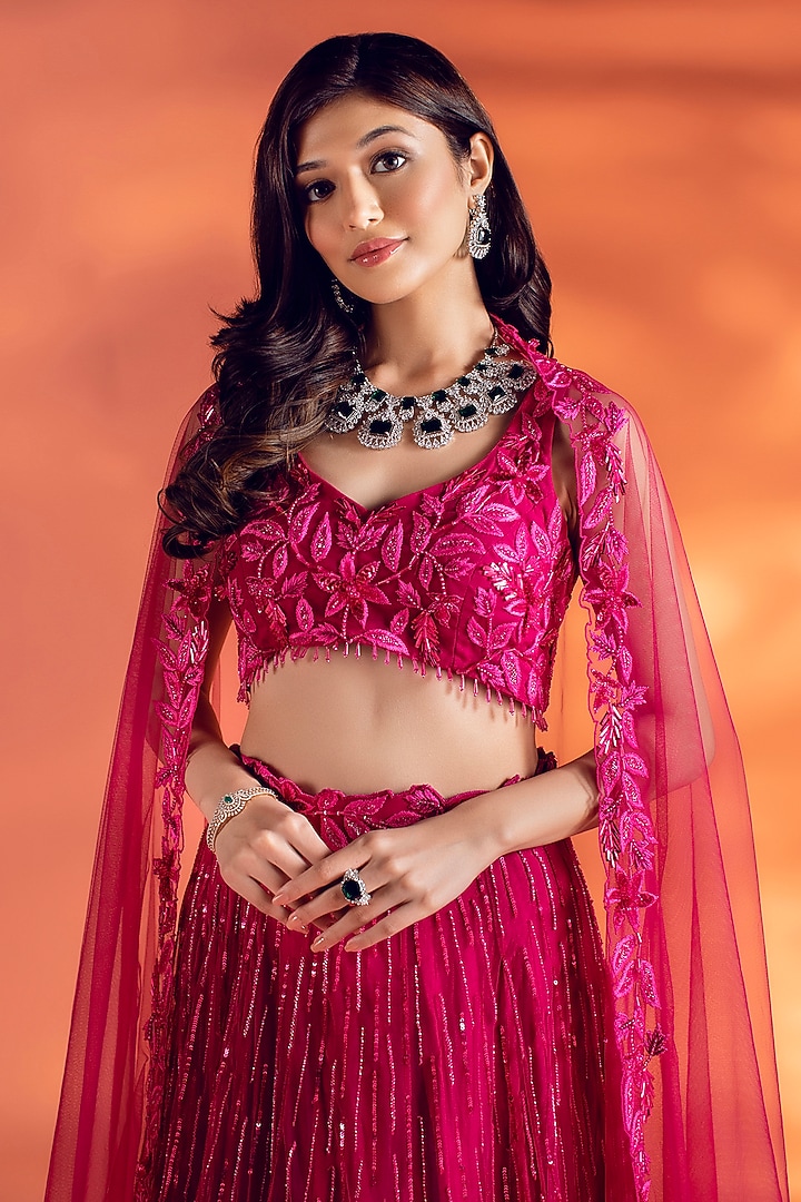 Magenta Pink Net Floral Embroidered Bridal Lehenga Set by KIYOHRA at Pernia's Pop Up Shop