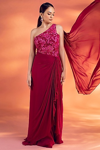 Magenta Pink Georgette Floral Motif Embellished Draped Engagement Gown by KIYOHRA at Pernia's Pop Up Shop